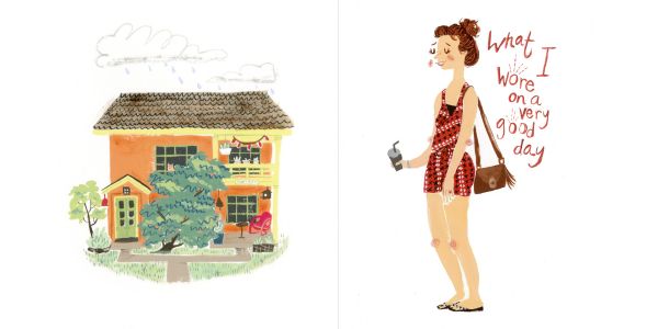Two early works in gouache. One features an orange two storey house with a yard and some rain clouds. The other features a female character and the words "what I wore on a very goodday"