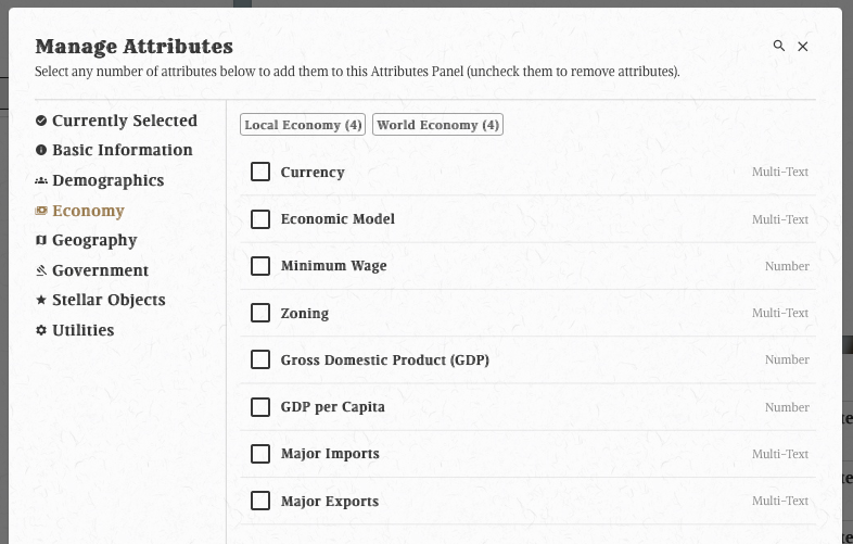 Prompts for Economy Attributes, as given on the Location page. These include Currency, Economic Model, and Minimum Wage.