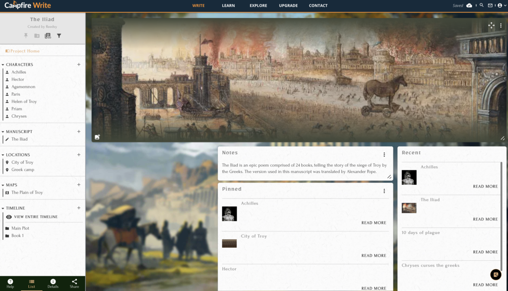 Campfire's history theme, where the background image shows a carriage and some people carrying bags in a rural environment.